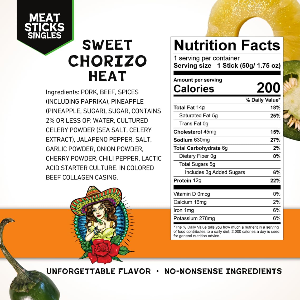 Lucky Lola’s | Sweet Chorizo Heat Meat Sticks - 15 Pack | 12g Protein, Pork & Beef | On-the-Go, Low-Carb Diet, High Protein Snack, Post-Workout | Gluten Free, Dairy Free, No Corn Syrup, No Artificial Flavors, No Artificial Colors, No Artificial Preservatives