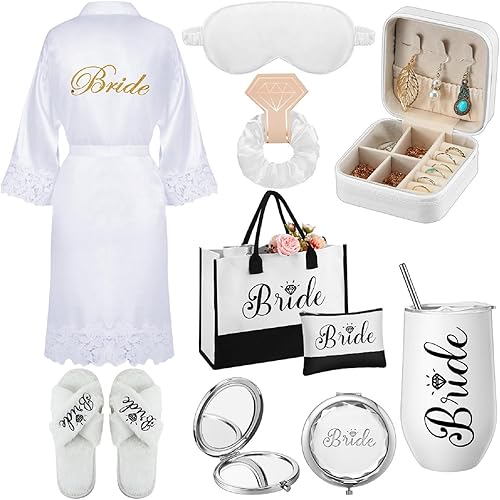 JaGely 9 Pcs Bride Gifts Set Bride Shower Bachelorette Gifts with Wine Tumbler Robe Bag Eyemask Scrunchie Jewelry Box