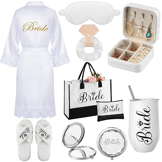 JaGely 9 Pcs Bride Gifts Set Bride Shower Bachelorette Gifts with Wine Tumbler Robe Bag Eyemask Scrunchie Jewelry Box