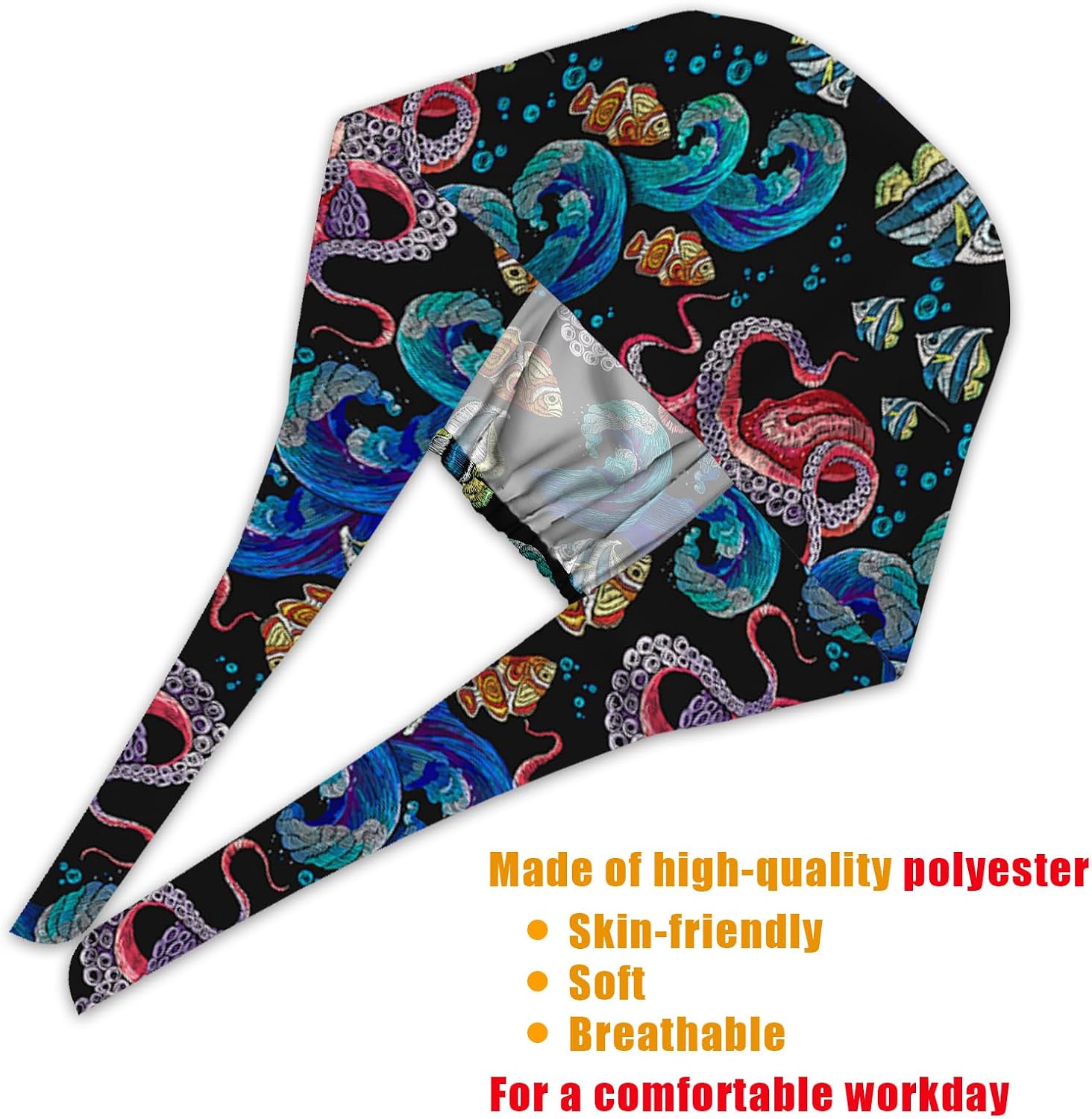Working Cap Scrub Cap with Button and Sweatband Adjustable Elastic Nurse Hats for Women & Men Octopus
