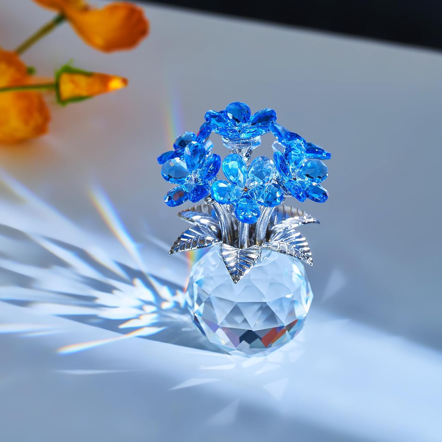 Blue Crystal Flower Glass Paperweight, for Sister Girlfriend Women Girl Wife,Crystal Flowers Bouquet Collectible for Valentine's Day Wedding Anniversary (Blue Flower 02) - Image 2