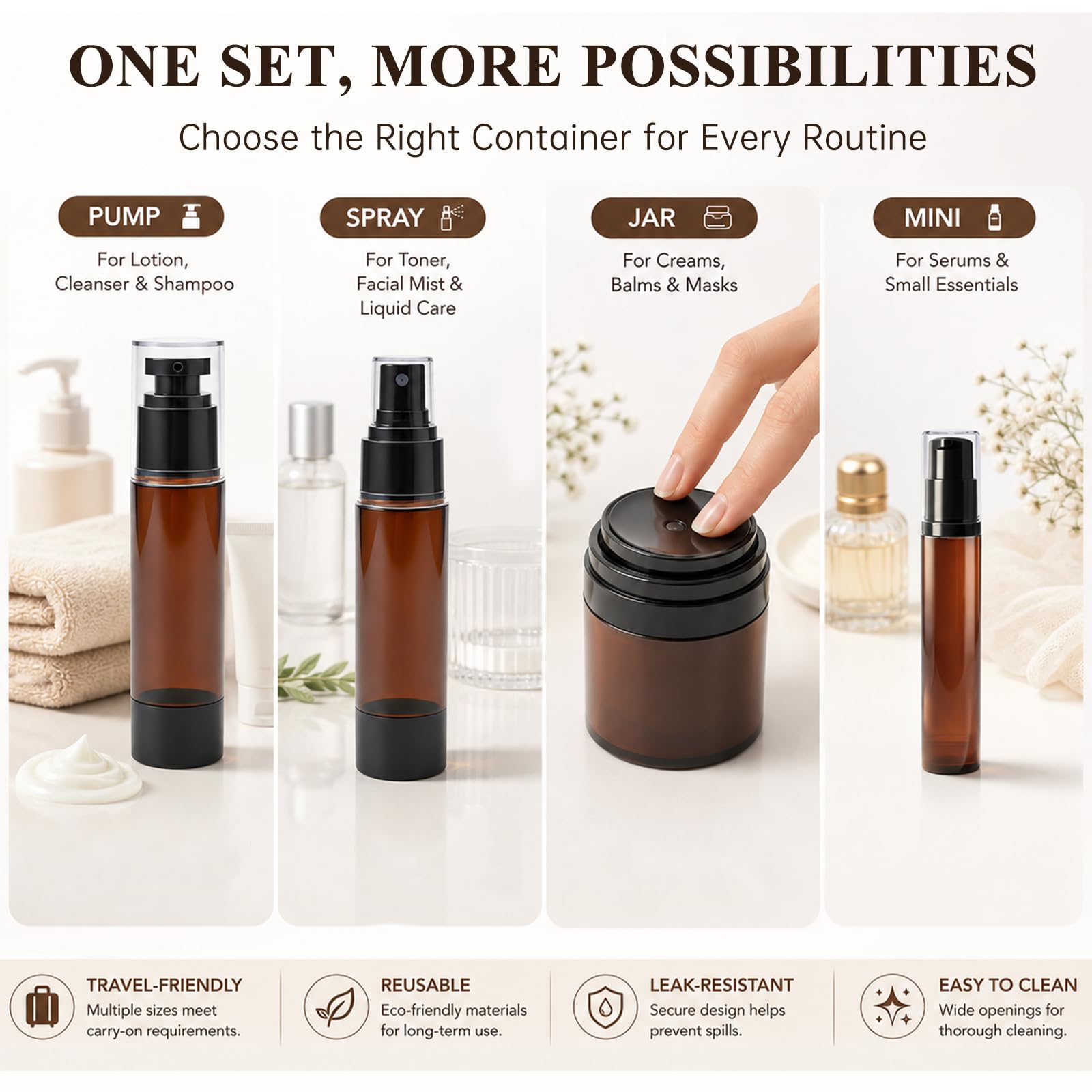 Set di 34 barattoli Airless con pompa, 48,2/28,3/19,8/9,64 g, contenitori ricaricabili da viaggio, a prova di perdite, per prodotti da toeletta per la cura della pelle e creme, lozioni, crema