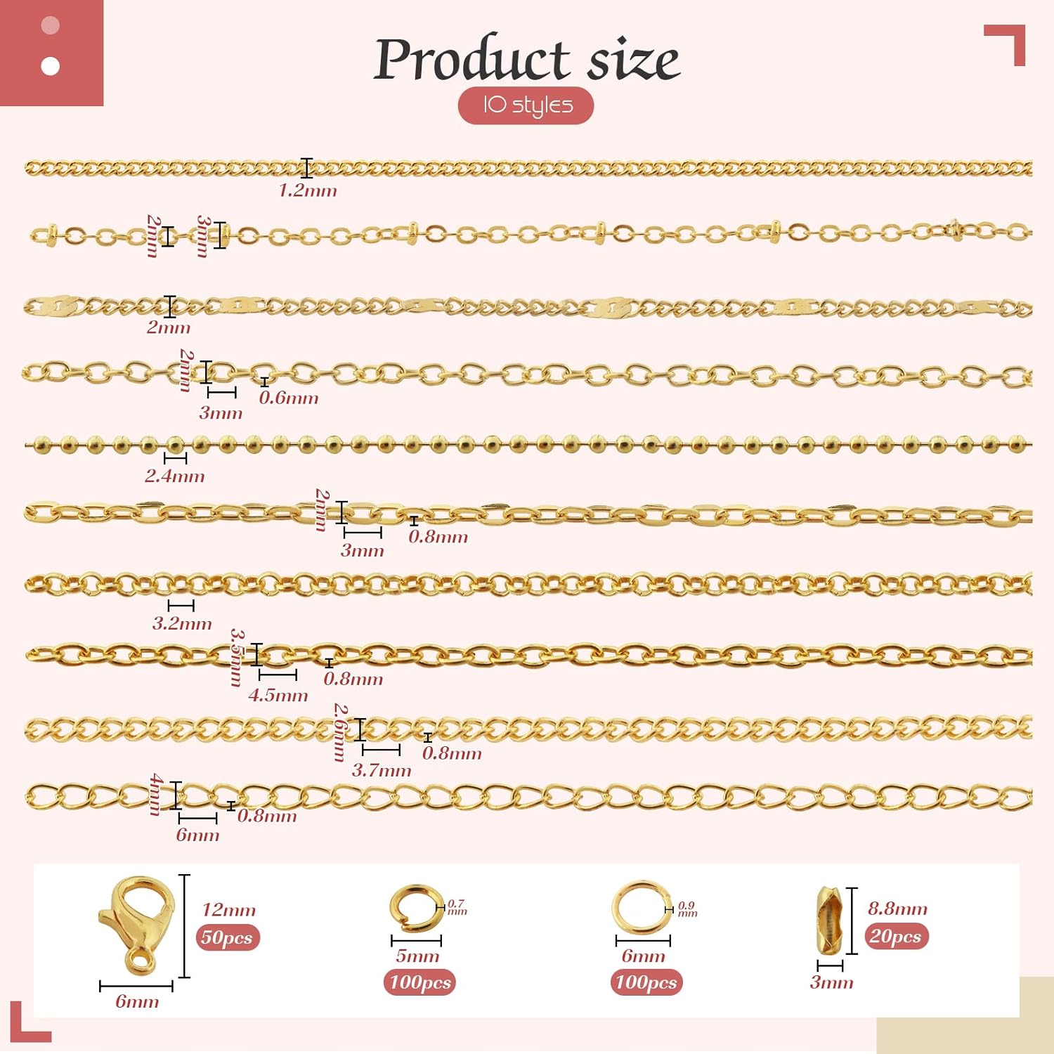 TOAOB Necklace Chains for Jewelry Making 98 Feet 10 Rolls Metal Jewelry Chains with Jump Rings Lobster Clasps Connectors for DIY Necklace Bracelet - Image 2