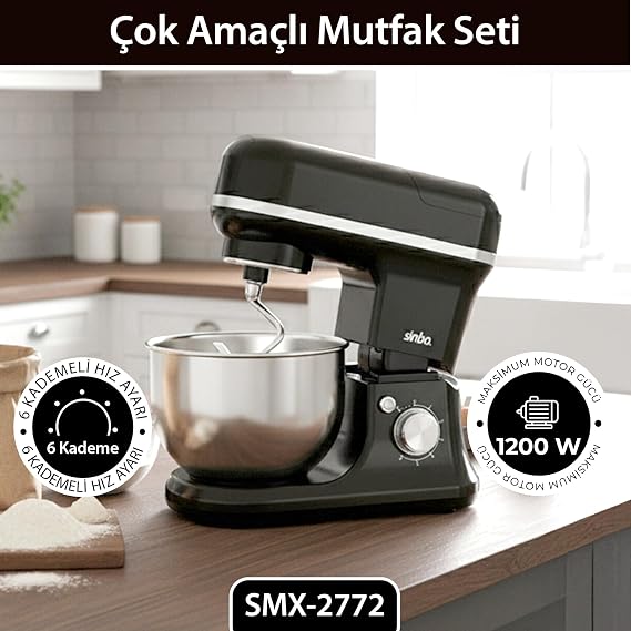 Sinbo SMX-2772 1200 W 3in1 Mutfak Şefi, 5 L Paslanmaz Çelik Hazneli Hamur Yoğurma Makinesi, Kıyma Aparatı ve Sürahi Blender