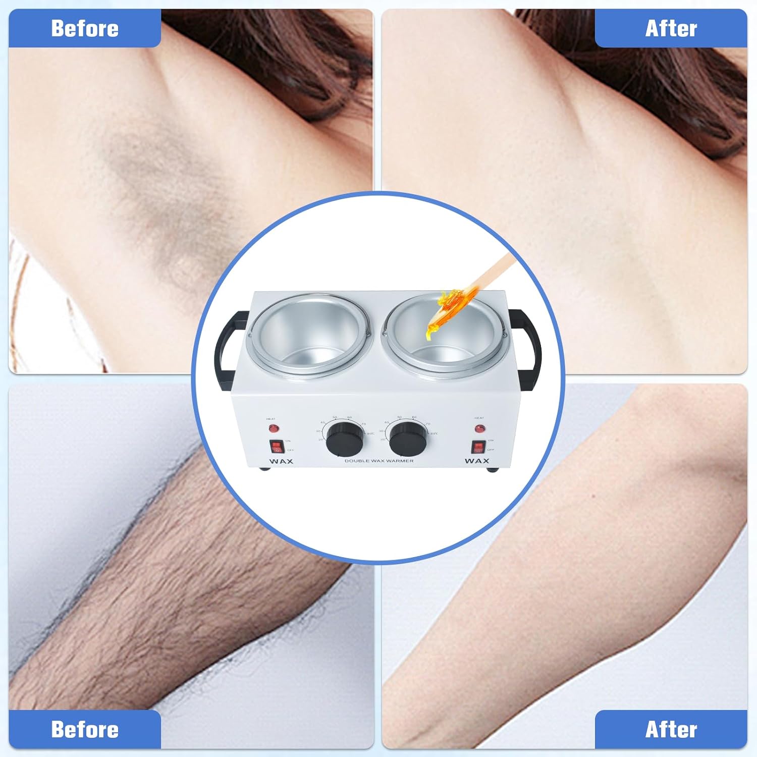 Double Wax Warmer Professional，Wax pot for Hair Removal with Adjustable Temperature Set, Portable Professional Wax Heater for spa and Salon,Body with 200pcs Wax Sticks - Image 5