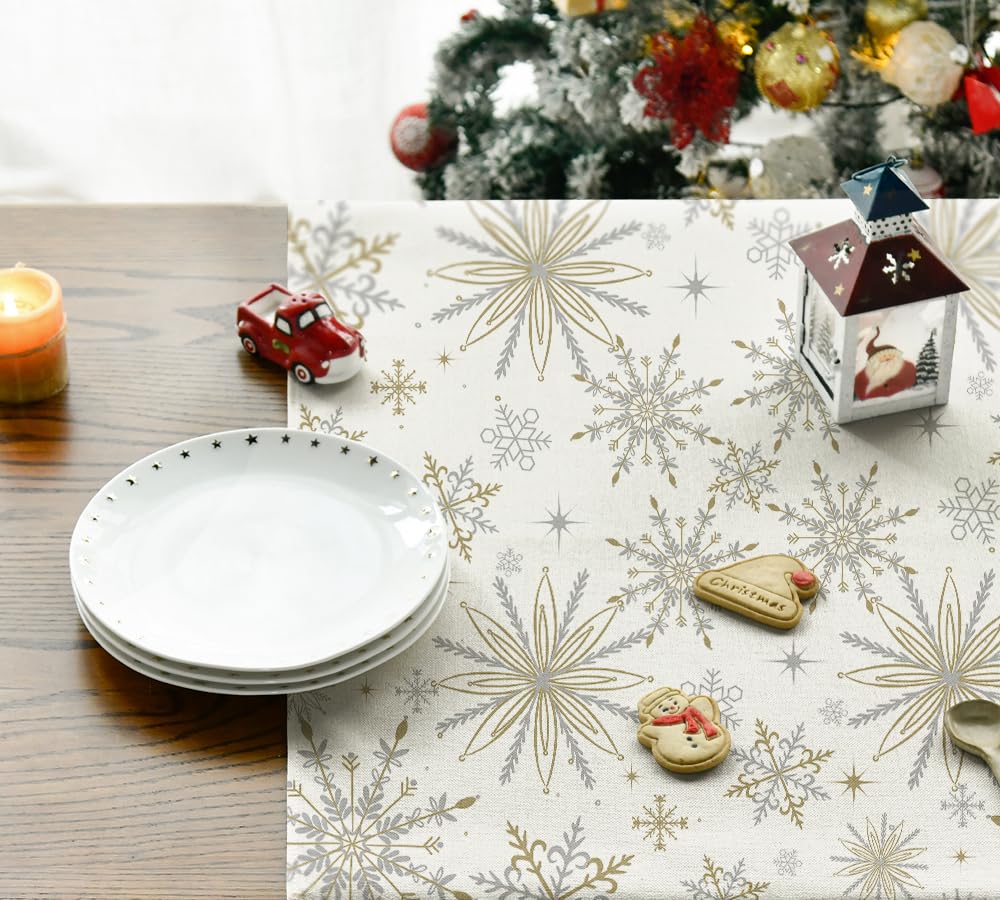 Softalker Groene tafelkleden voor Kerstmis, rechthoekig, 300 x 150 cm, groot formaat, vuilafstotend, met witte sneeuwvlokken en kerstboommotief voor feest, buiten, woonkamer, keuken, tuin, Nieuwjaar