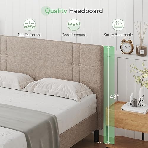 Miniatura 3 de Novilla Base de cama de plataforma Queen para dormitorio, marco de cama tamaño Queen con cabecera y soporte de listones de madera, cama de