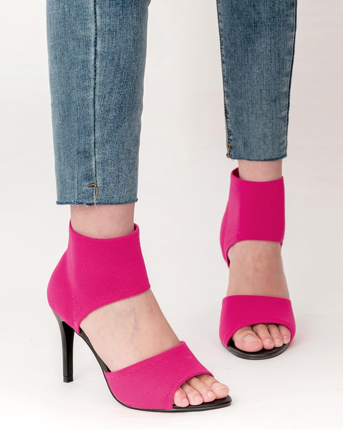 Peep Toe Heels for Women Sexy 3 Inches Stiletto Heeled Sandals for Women Open Toe Wide Stretchy Knit Heel Sandal Booties Slip On Comfortable Dressy Shoes for Prom, Party and Work - Image 2