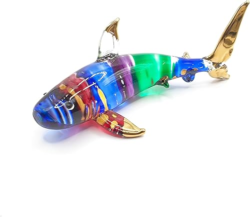 Miniatura 13 de Pequeña figura de tiburón blanco punteado azul dorado de 6.5 pulgadas, tiburones de vidrio soplado a mano, vida marina, peces marinos, animales Azul