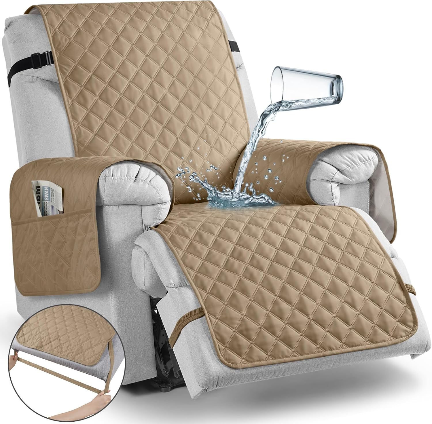 TAOCOCO Waterproof Recliner Chair Covers with Leg Strap 1 Piece Recliner Covers for Recliner Chair for Pets Kids, Washable Reclining Chair Cover Furniture Protector with Straps (23'' Small, Camel)