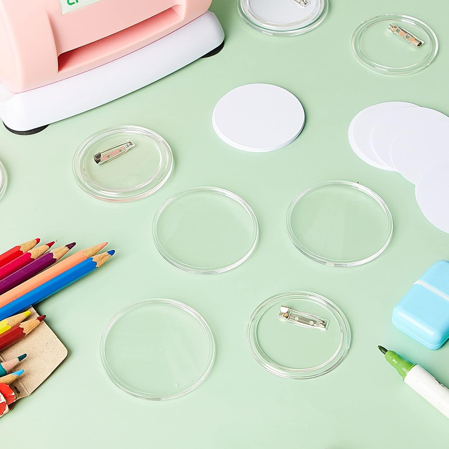Yilloog 100 Pcs 2.25 Inch Acrylic Clear Buttons with 200 Paper 20 Sim Card Removal Tool Make Your Own Buttons Pin Clear Acrylic Design Badge for DIY Craft Activities