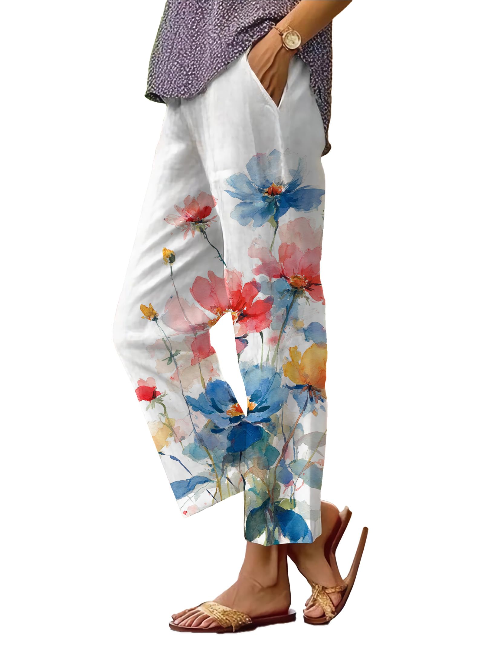Straight Leg Pants for Women Dandelion Printed Casual Trousers Elastic Waist Summer High Waist Pants with Pockets