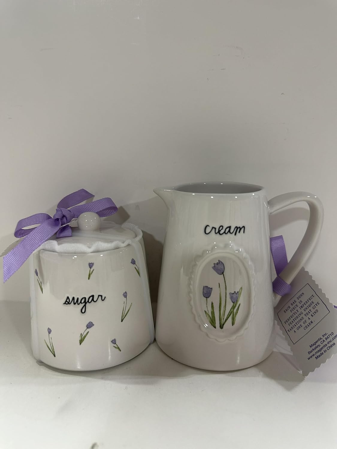 Rae – SUGAR & CREAM WHITE SET lavender tulip accents | kitchenware, coffee bar essentials, creamer pitcher, sugar bowl with lid | farmhouse décor, pastel floral collectible | SPRING - Dunn By Magenta