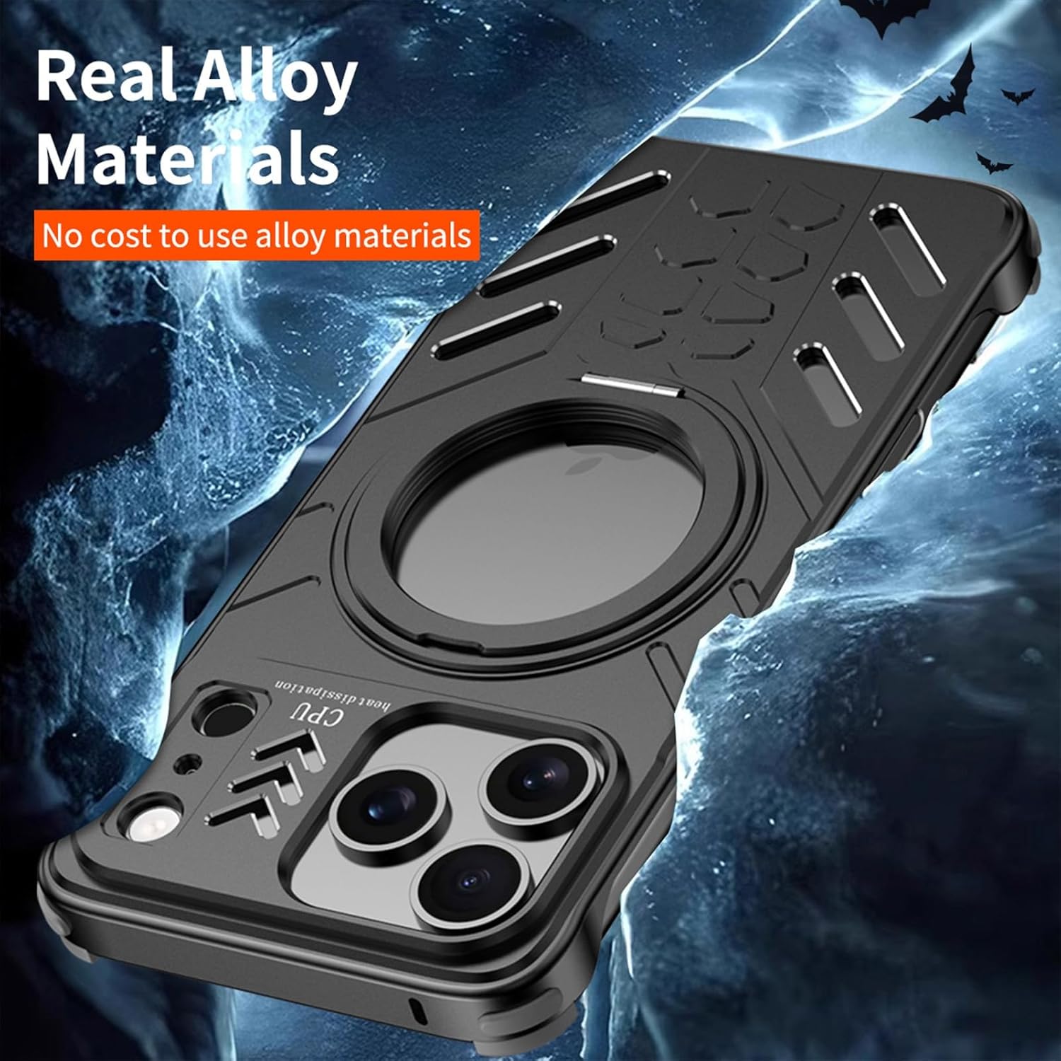 Metal Frameless Case for iPhone 17 Pro Max, Alloy Magnetic Cover with 360° Rotating Ring Stand, Shockproof Corner Design & Raised Camera Bezel(Black)