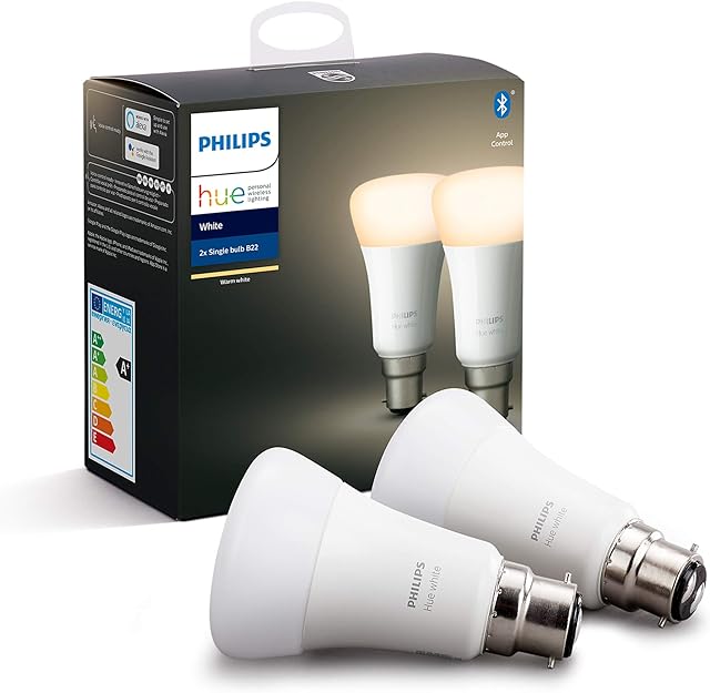 Philips Hue White Smart Bulb Twin Pack LED [B22 Bayonet Cap] with Bluetooth. Works with Alexa and Google Assistant.