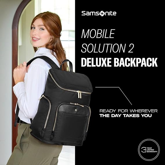 Samsonite Mobile Solutions 2 Deluxe Backpack, Laptop & Tablet Backpack with Padded Compartments, Front Zippered Pocket with Organizer, Water Bottle Pockets, StackItTM Strap, Work & Travel Bag - Black