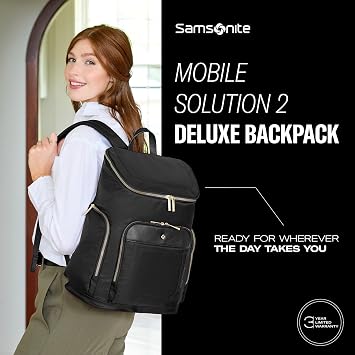 Samsonite Mobile Solutions 2 Deluxe Backpack, Laptop & Tablet Backpack with Padded Compartments, Front Zippered Pocket with Organizer, Water Bottle Pockets, StackItTM Strap, Work & Travel Bag - Black