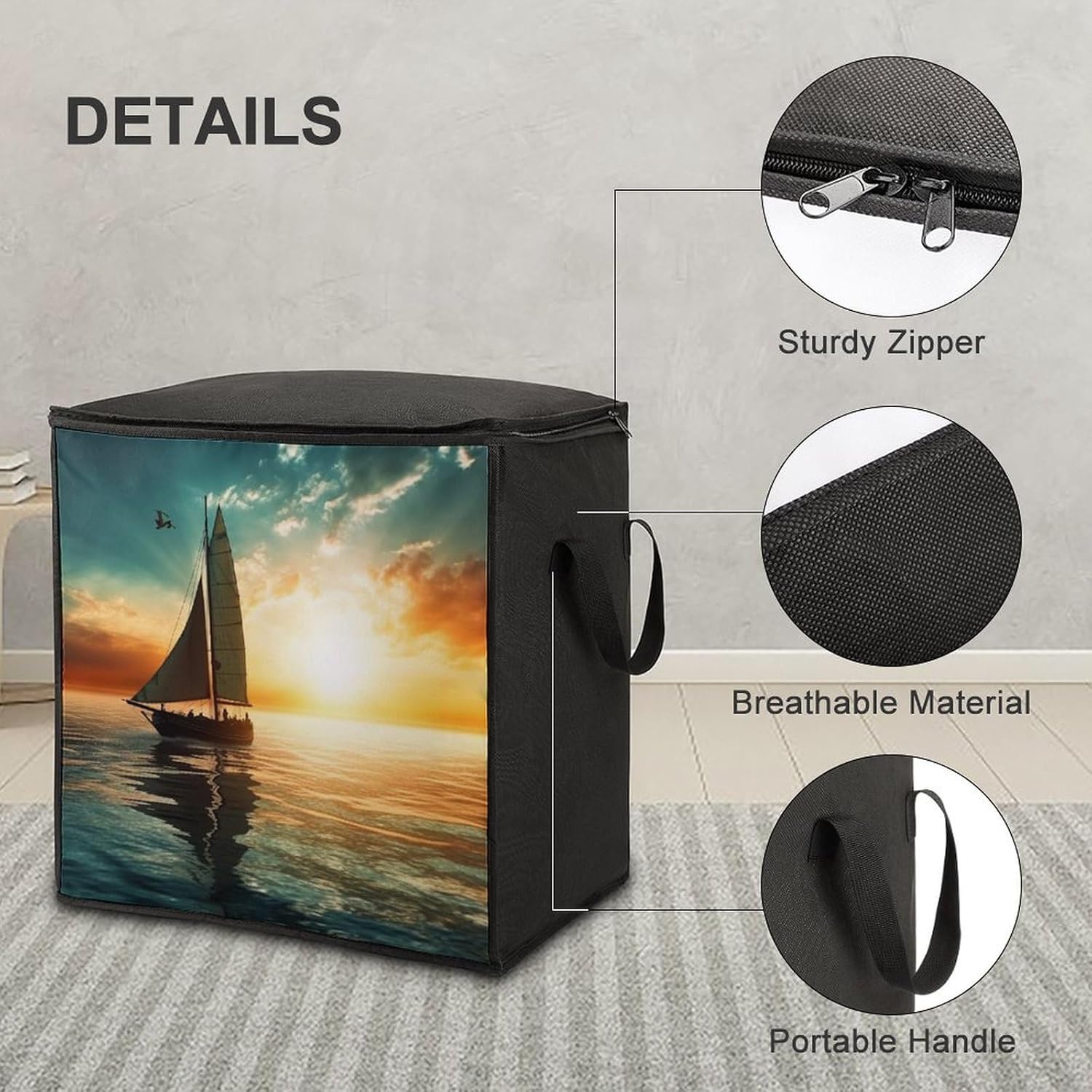 Quilt Storage Bag,Boat on The Ocean Printed Large Foldable Storage Container Portable Travel Storage Bag for Blankets, Quilts, Clothes, Comforter, Bedding And Pillows