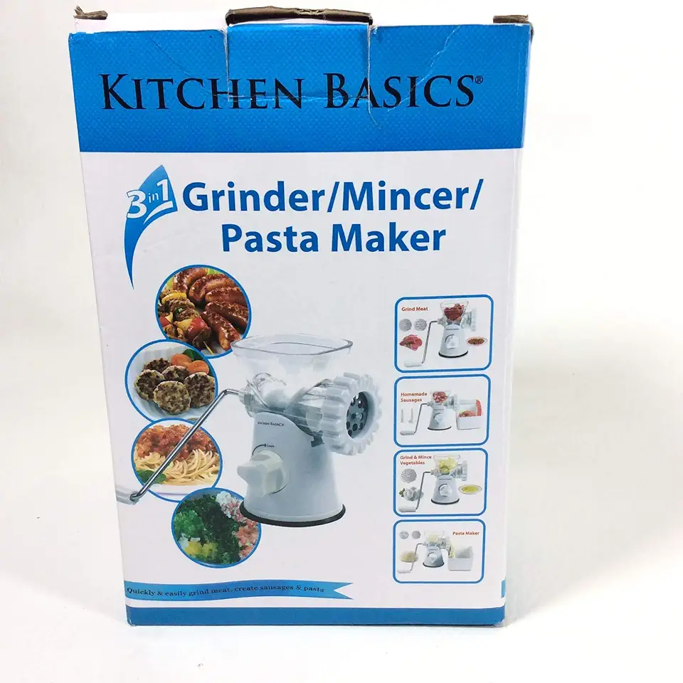 Moedor manual de carne e vegetais Kitchen Basics 3 N 1, 3 tamanhos de enchimento, tigela para fazer macarrão