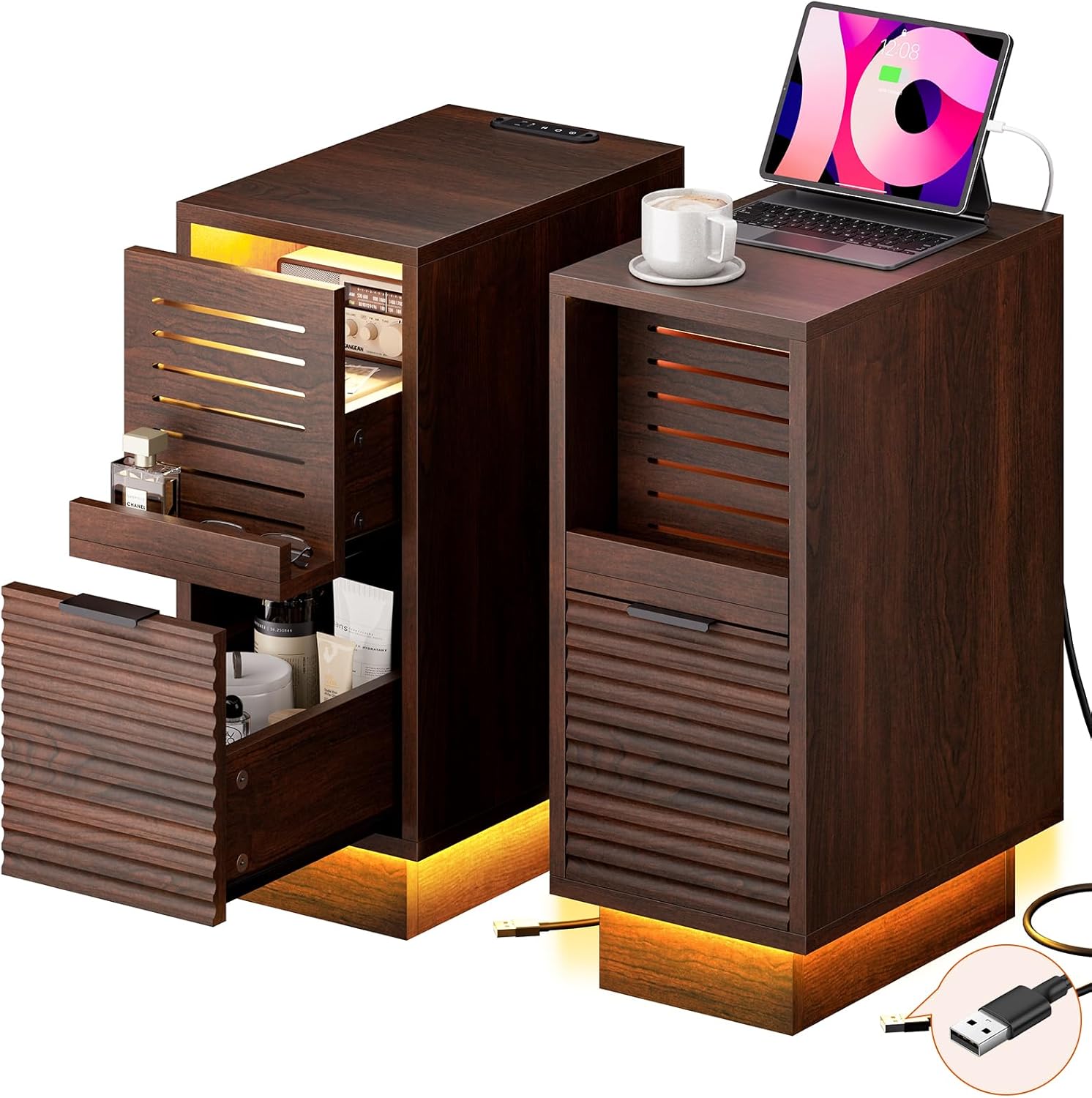 REAHOME Narrow Fluted Nightstand Set of 2, Wooden Small 2 Drawers Night Stand with Storage Fluted, LED Slim Bedside Table with Charging Station, Tall Skinny Side Table for Small Spaces Bedroom, Walnut