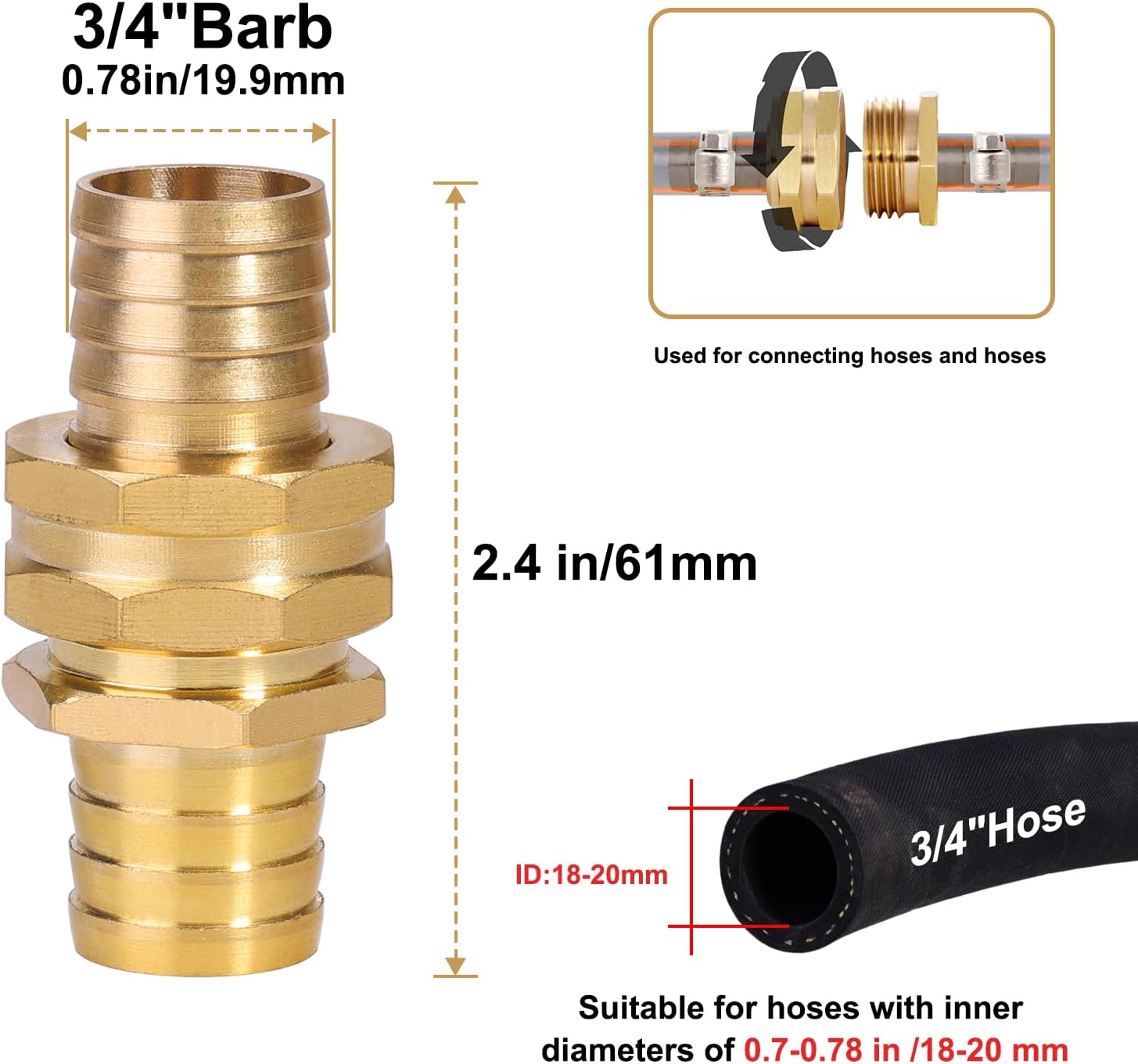 Garden Hose Repair Connector with Clamps Hose End Repair Kit,3/4" Barb Garden Hose Fittings Male and Female brass garden hose ends (3/4"Barb-10 Set)