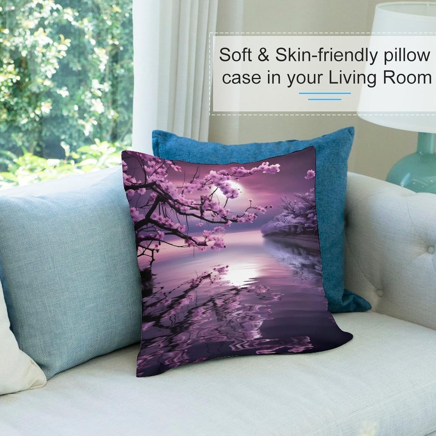 Purple Cherry Flowers Moon Ocean Printed Pillow Cases Soft Plush Throw Pillow Cover Decorative Pillowcases for Sofa Bedroom Set of 2