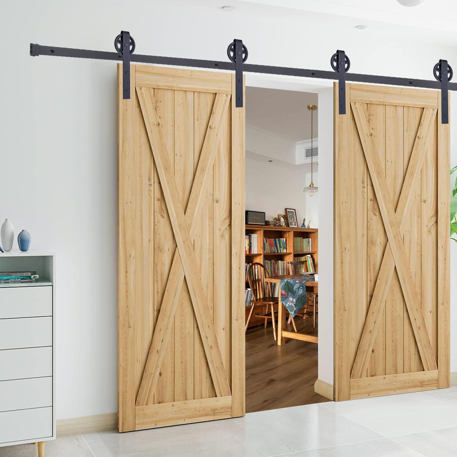 244cm/8FT Quincaillerie Kit de Rail pour Porte de Grange,Kit de Rail Porte Coulissante,Ensemble Industriel pour Porte Suspendue en Bois pour Double Porte
