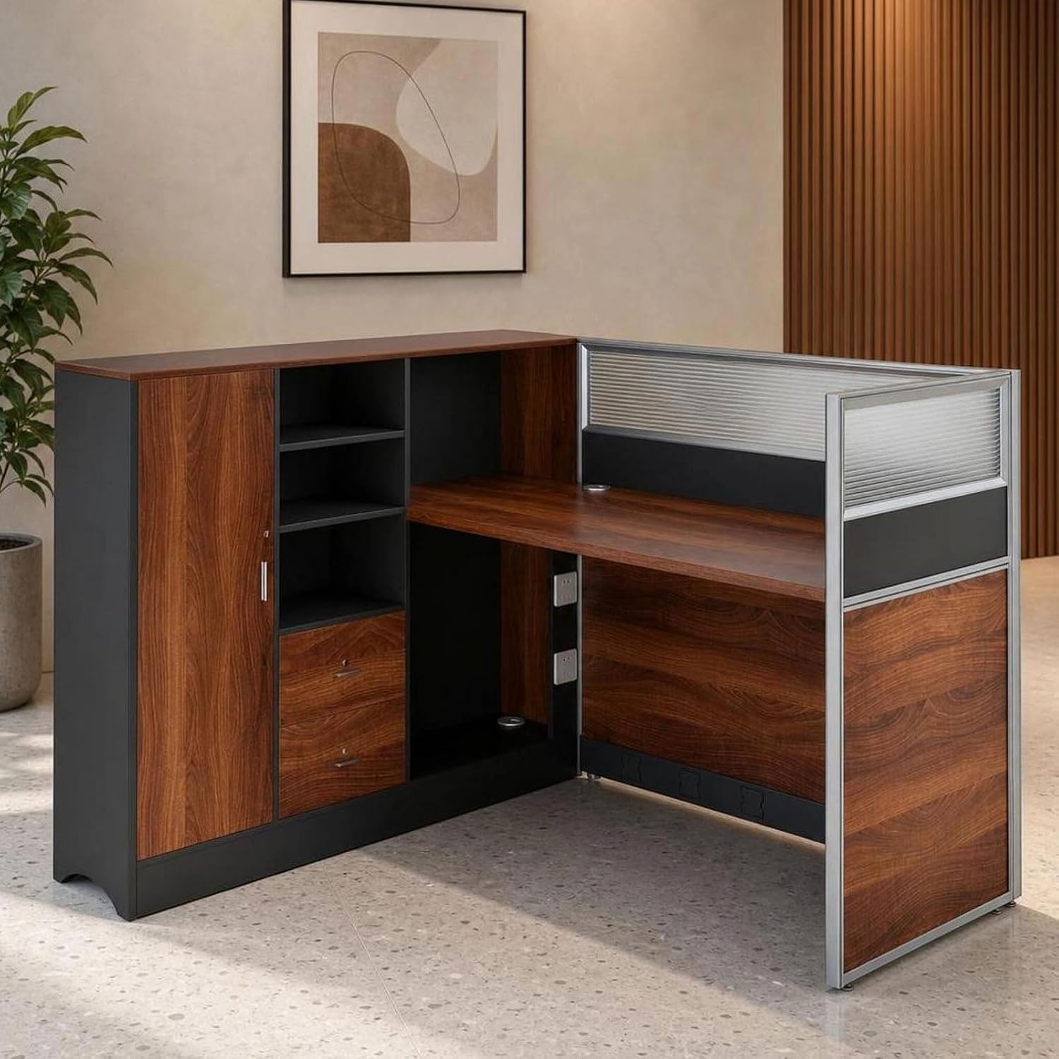 Office Cubicle Desk, Modular Workstation with Privacy Panels, Durable Work Surface and Built-in Cable Management, for Startups, Call Centers and Professional Offices (Walnut1, 1Person-59in)