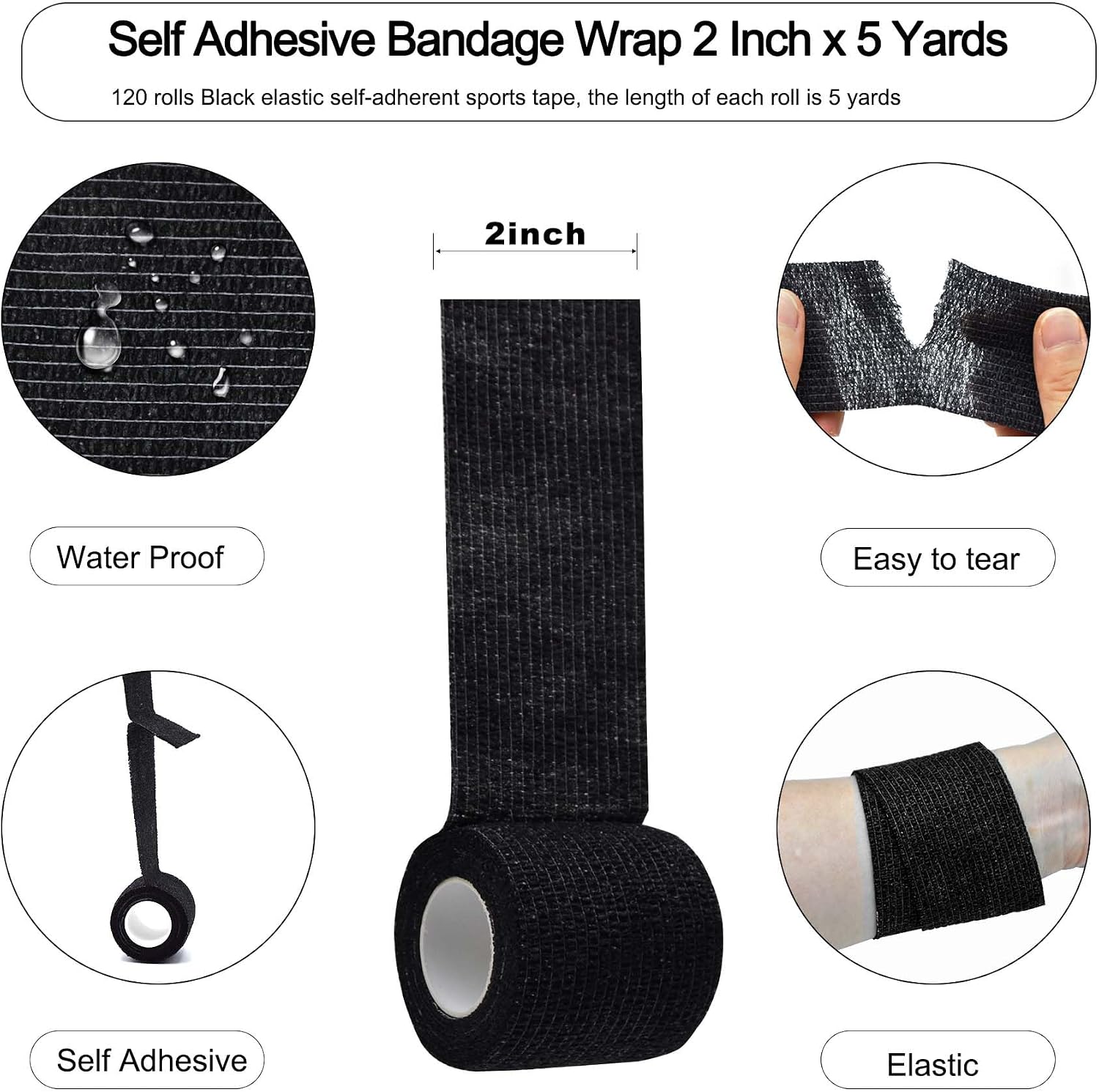 120 Rolls Self Adhesive Bandage Wrap Bulk Breathable Athletic Tape Elastic Cohesive Bandage Adhesive Wrap Roll for Sports Wrist Ankle, 2 Inch x 5 Yard (Black Colors)