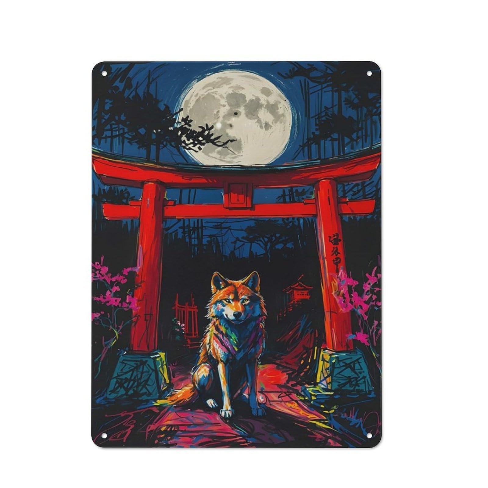 Junmoney The Wolf Sits In Front Of Tin Wall Plaque 40X30cm With For Hallway Wall, With Clear Retro Wall Decor Character