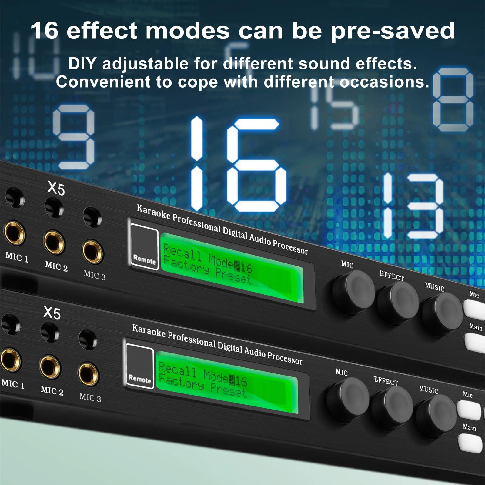 Effettuatore digitale professionale pre-stadio, 3 ingressi microfono, processore audio anti-ulula, regolazione equalizzatore microfono a 15 bande, per karaoke, palcoscenico, chiesa, performance