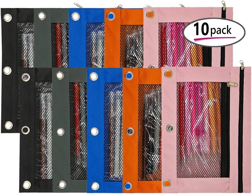 3-Ring Binder Pencil Pouch with Double Zipper (Multi-Color 10pcs)