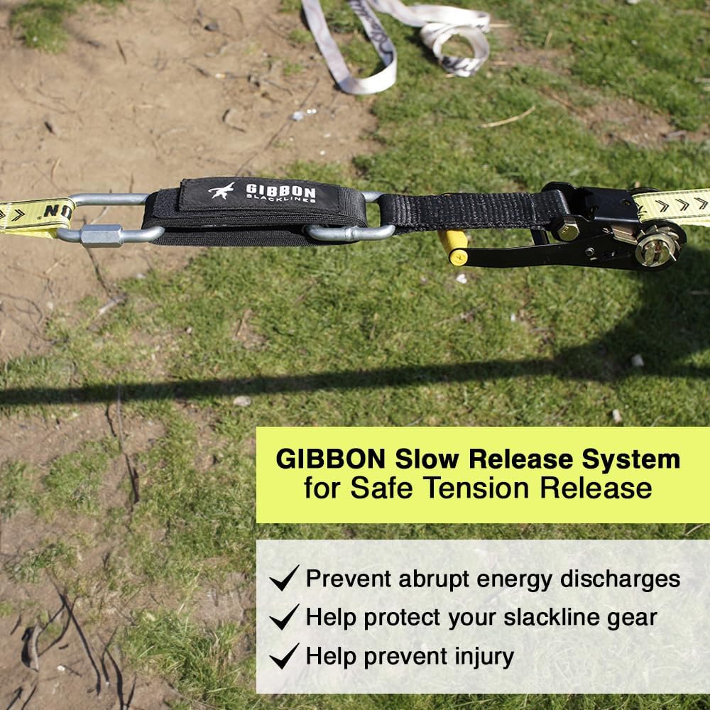 Gibbon Slacklines Sprzęt z powolnym zwalnianiem, idealne rozwiązanie dla gładkiego i przyjaznego dla materiału odciążenia Slackline