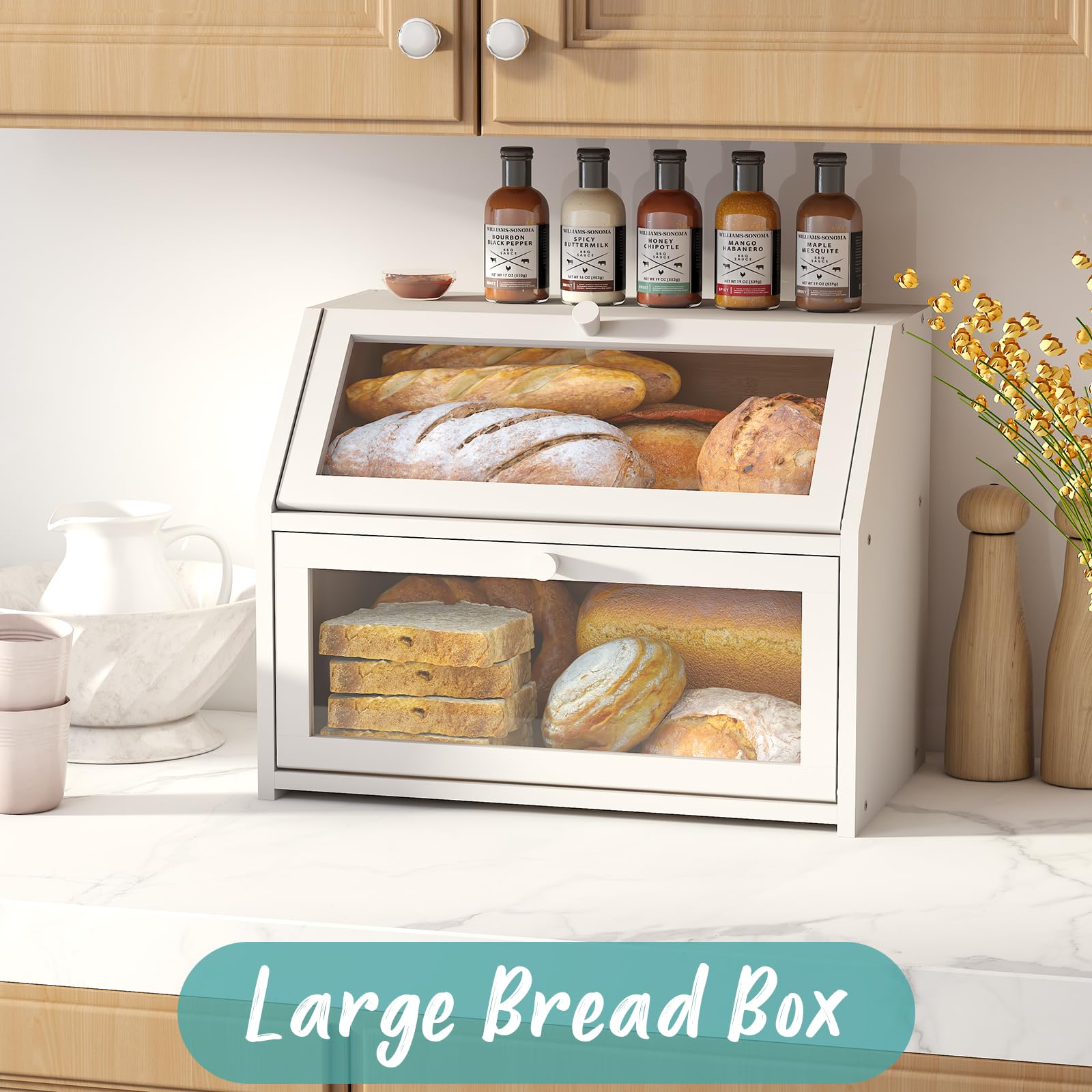 Grande scatola per il pane bianca per bancone della cucina, doppio strato in legno di bambù, grande capacità