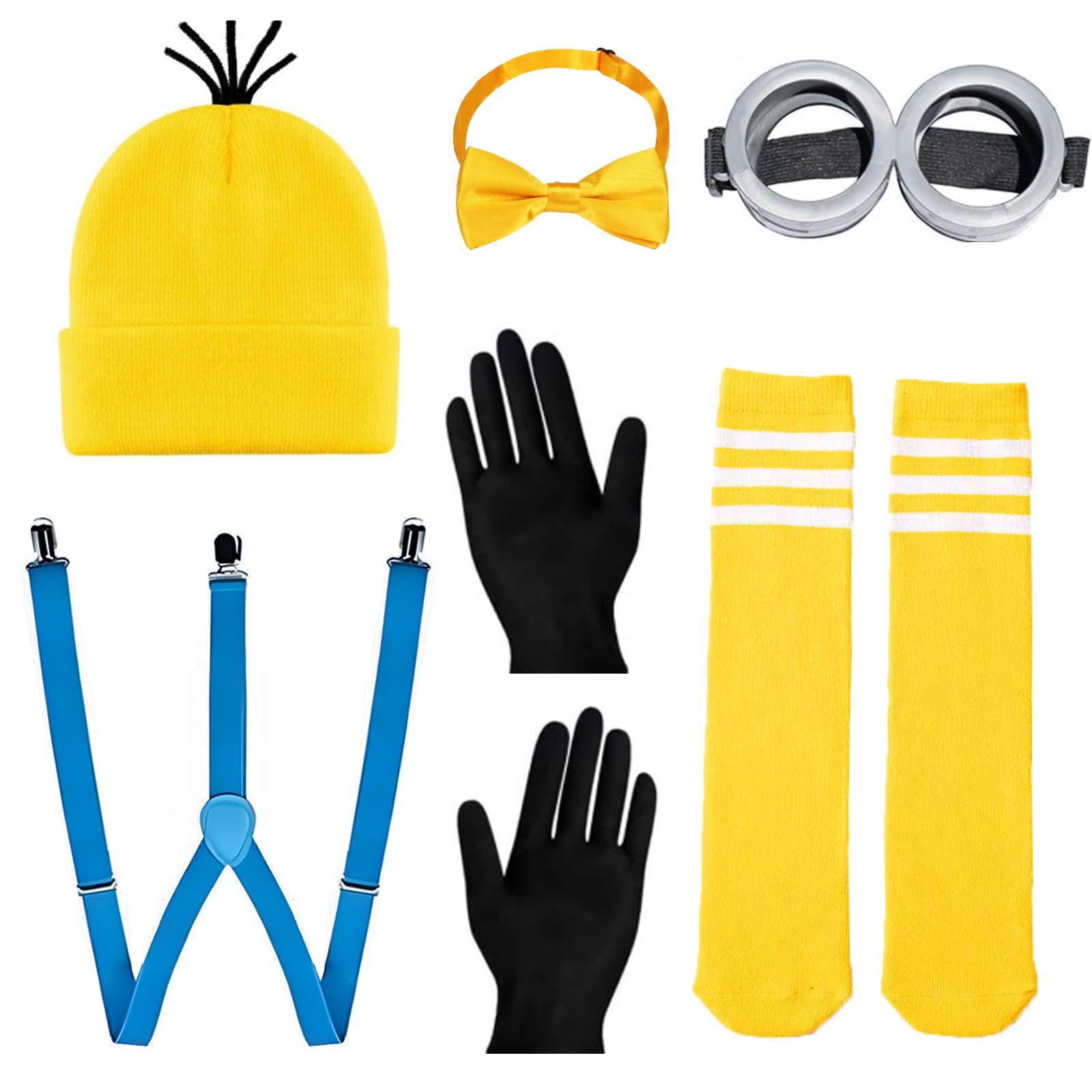 DtgEcd 6 Piece SetMinion Costume, Minion Goggles with Yellow Hat, Socks and Straps, Fancy Dress Accessories for Halloween and Cosplay, Unisex Costume for Kids and Adults