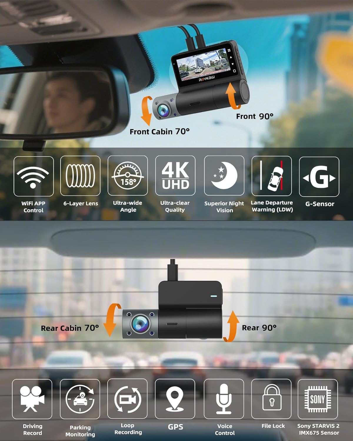 4K Dash Cam Front and Rear, 4K+1080P*3 Dash Camera for Cars,STARVIS 2 Sensor, Include 128GB SD Card,24 Hrs Parking Mode, 5G WiFi, GPS, Voice Control, Loop Recording, 512GB Support, APP Control