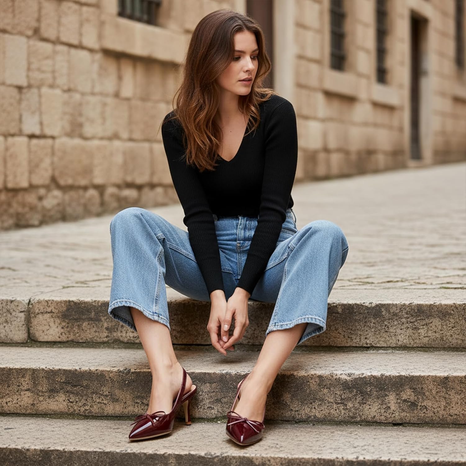 rsxses Kitten Heels for Women Pointed Toe Slingback Pumps with Bow Comfortable Low Heel Wedding Dress Shoes Closed Toe Heels - Image 3