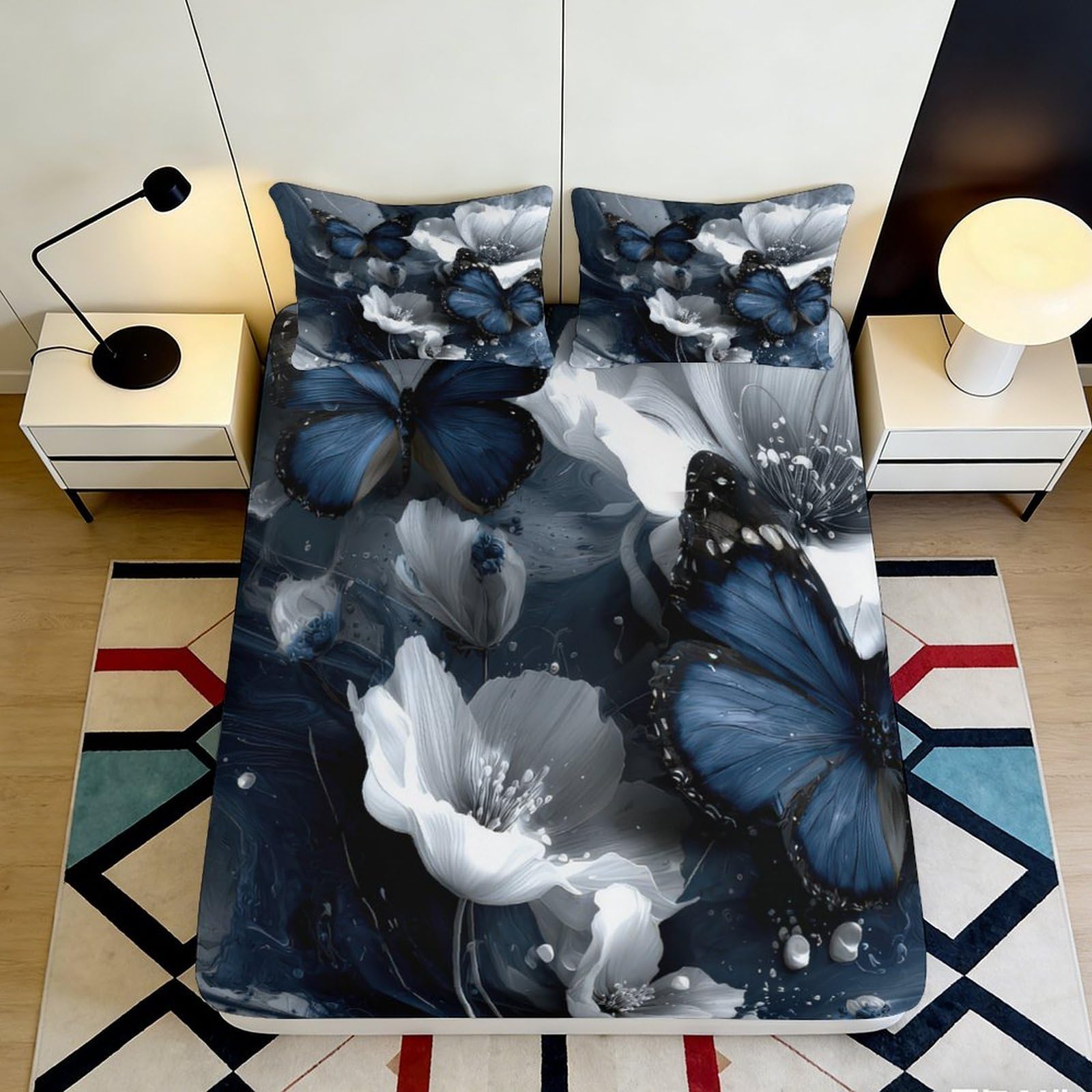 3D Printed Butterfly Floral Fitted Sheet Microfiber Deep Pocket Bedroom Bedding Set Butterfly Floral Mattress Fitted Cover Washable 90x200x25cm