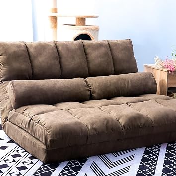 Daesar Double Chaise Lounge Sofa Floor Couch and Sofa with Two Pillows, Brown