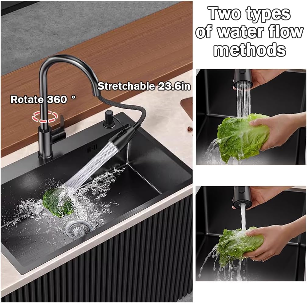 19.7 * 17.7in Drop In Kitchen Sink,Black Stainless Steel Single Bowl Sink,Topmount Workstation Sink With Pull Out Faucet,Soap Dispenser And Drain Basket