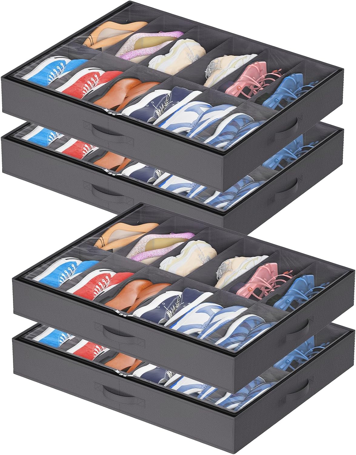 Lifewit Scatole per Scarpe con Finestra Trasparente, Contenitori Portaoggetti Pieghevole Sottoletto per Scarpe, Organizer per Scarpe con Manici Salvaspazio, Grigio, 4 x 12 Paia