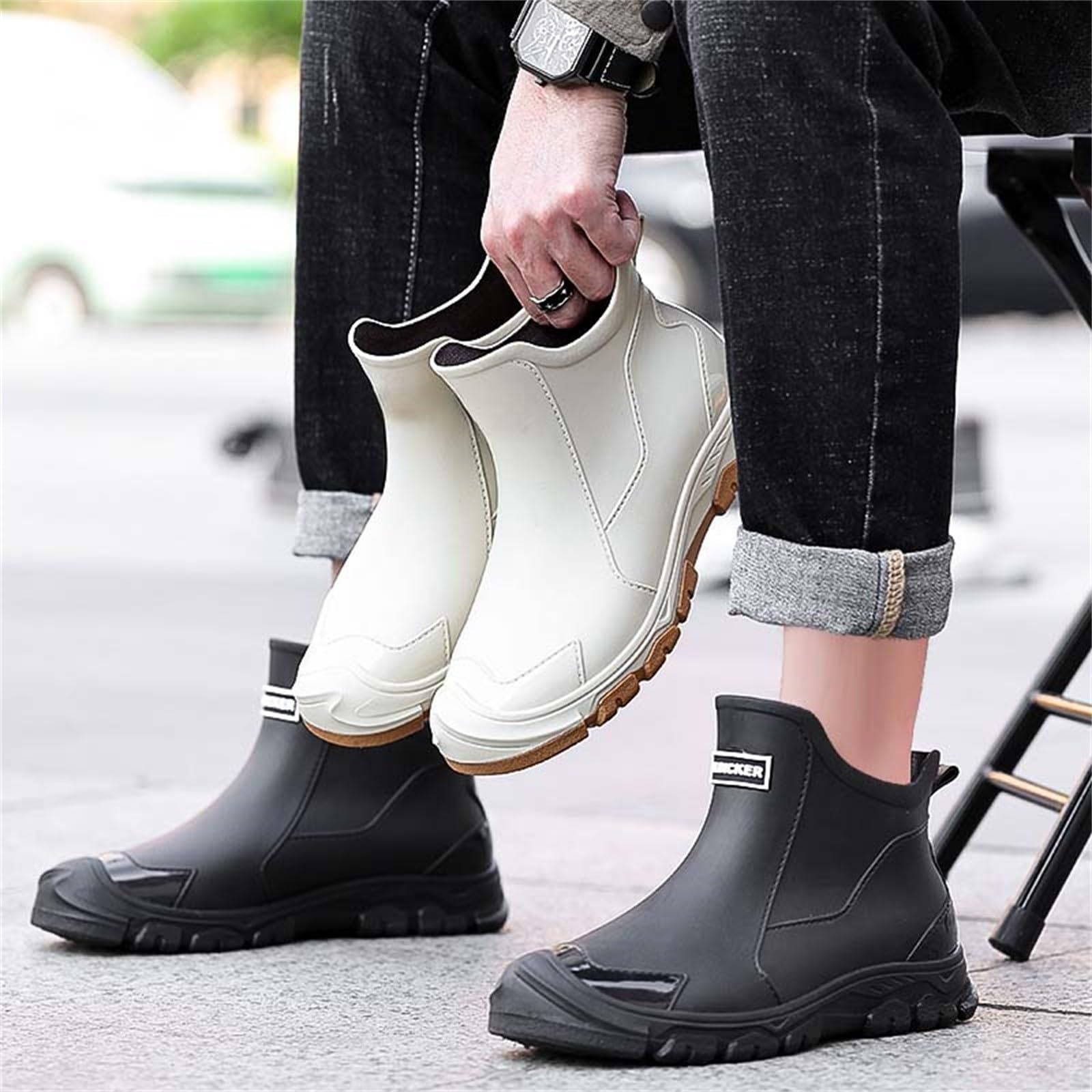 Generisch Scarpe in gomma impermeabili da uomo, stivaletti in pelle, estivi, per giornate di pioggia, da pesca, stivali alla caviglia, antiscivolo, da giardino, traspiranti, in tinta unita, per il