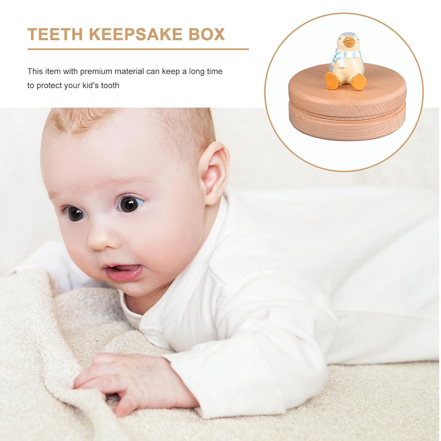 Beech Wood Tooth Keepsake Box for Boys and Deciduous Tooth Holder Organizer with Cartoon Bird Design for Childhood Memory Preservation