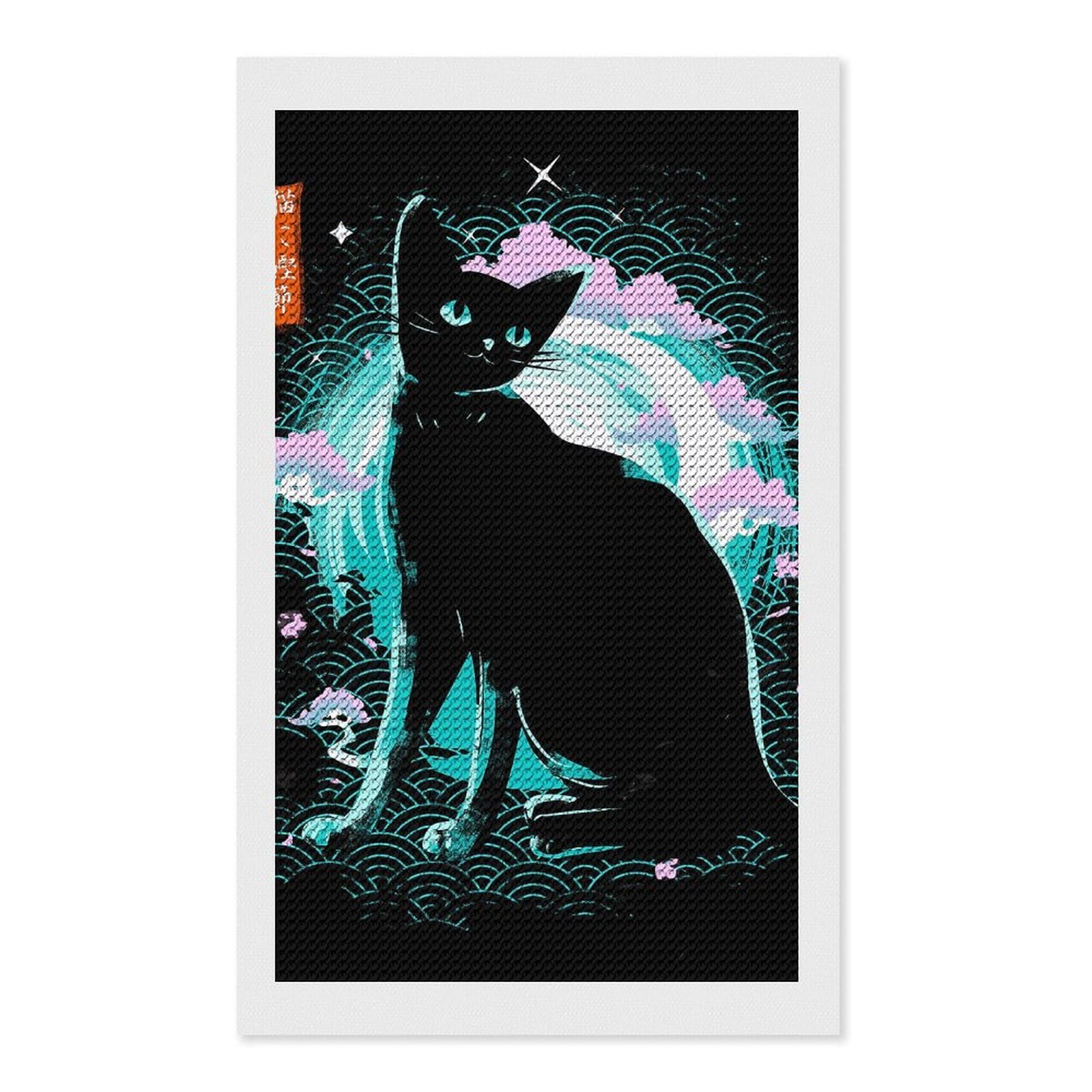 Junmoney Japanese Cat Diamond Art Canvas 12"x20", for Adults, Pleasing Wall Art Project, Modern Decor, Gift Idea, Nice Detail and Sparkle