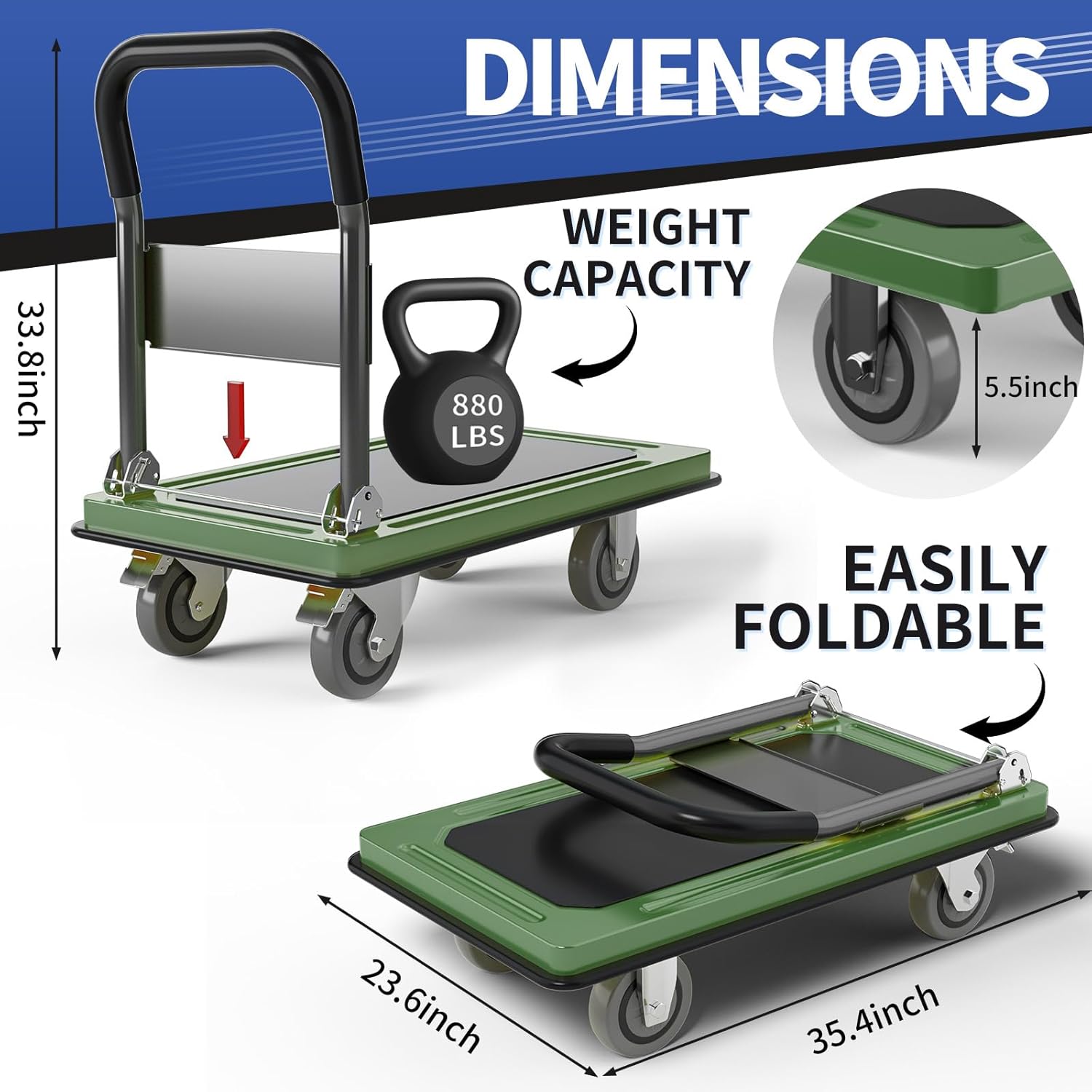 Upgraded Foldable Push Cart Dolly | 680 lbs. Capacity Moving Platform Hand Truck | Heavy Duty Space Saving Collapsible | Swivel Push Handle Flat Bed Wagon - Green