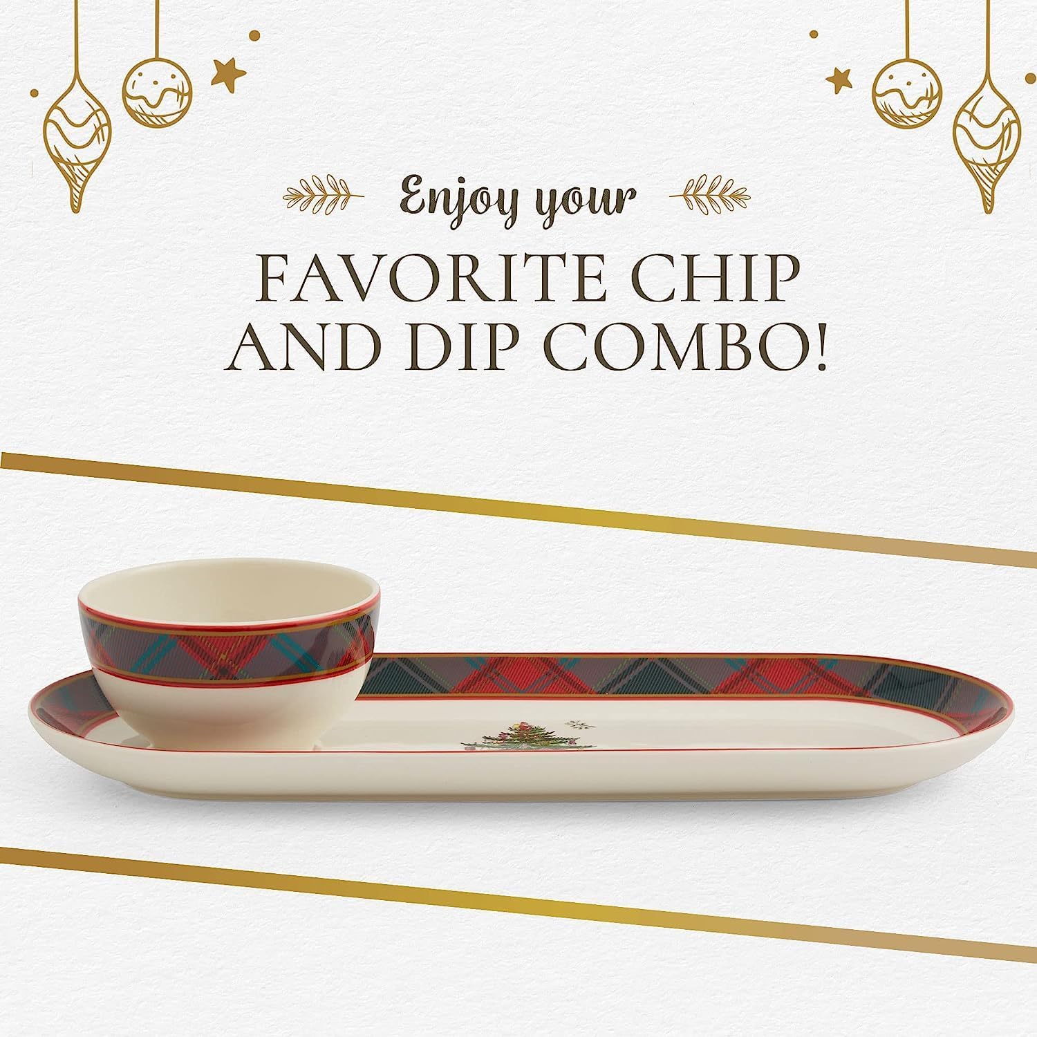 Spode Christmas Tree 2-Piece Tartan Chip and Dip Set - 13-Inch Holiday Serving Platter with Dip Bowl - Tartan Plaid Border - Fine Earthenware, Durable & Versatile, Dishwasher, Microwave, Freezer Safe
