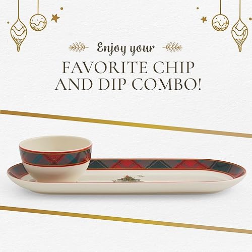 Miniatura 5 de Spode Colección de árbol de Navidad  Tartán de 2 piezas para astillas y salsas, mide 13 pulgadas, hecho de loza fina, para salsas y aperitivos, apto