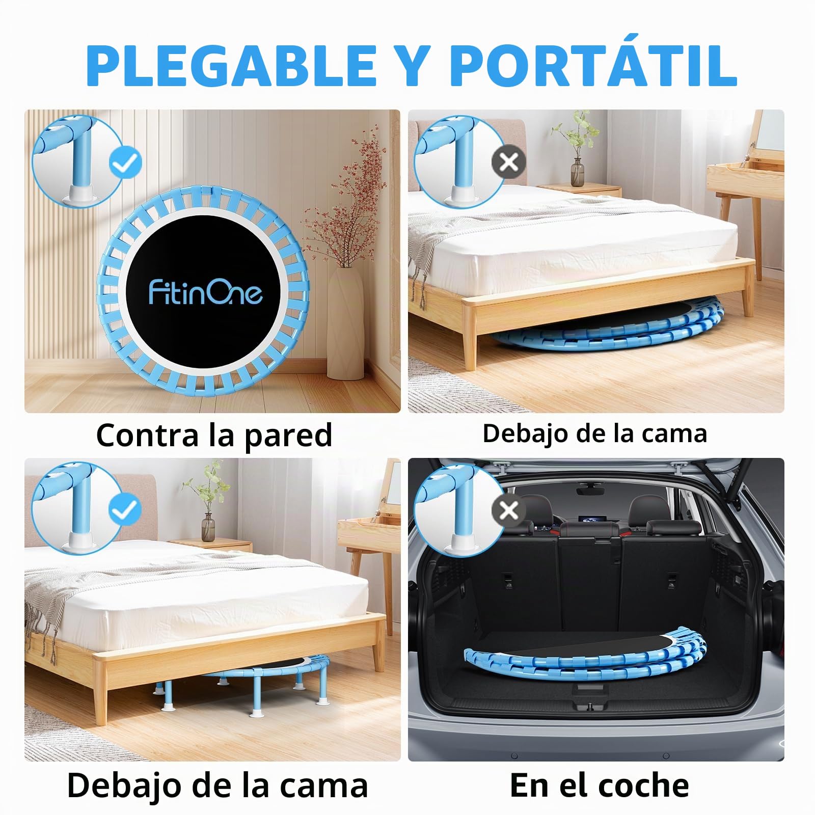 FitinOne Mini cama elástica plegable de 200 kg de diámetro de 102 cm con bandas elásticas, mango de espuma ajustable en 5 direcciones, trampolín de interior para niños y adultos