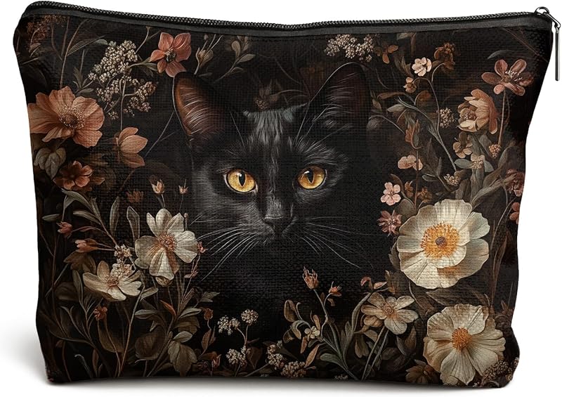 Necessaire de maquiagem DOFQZ com estampa floral vintage e gato preto, fechamento com zíper, 1 unidade