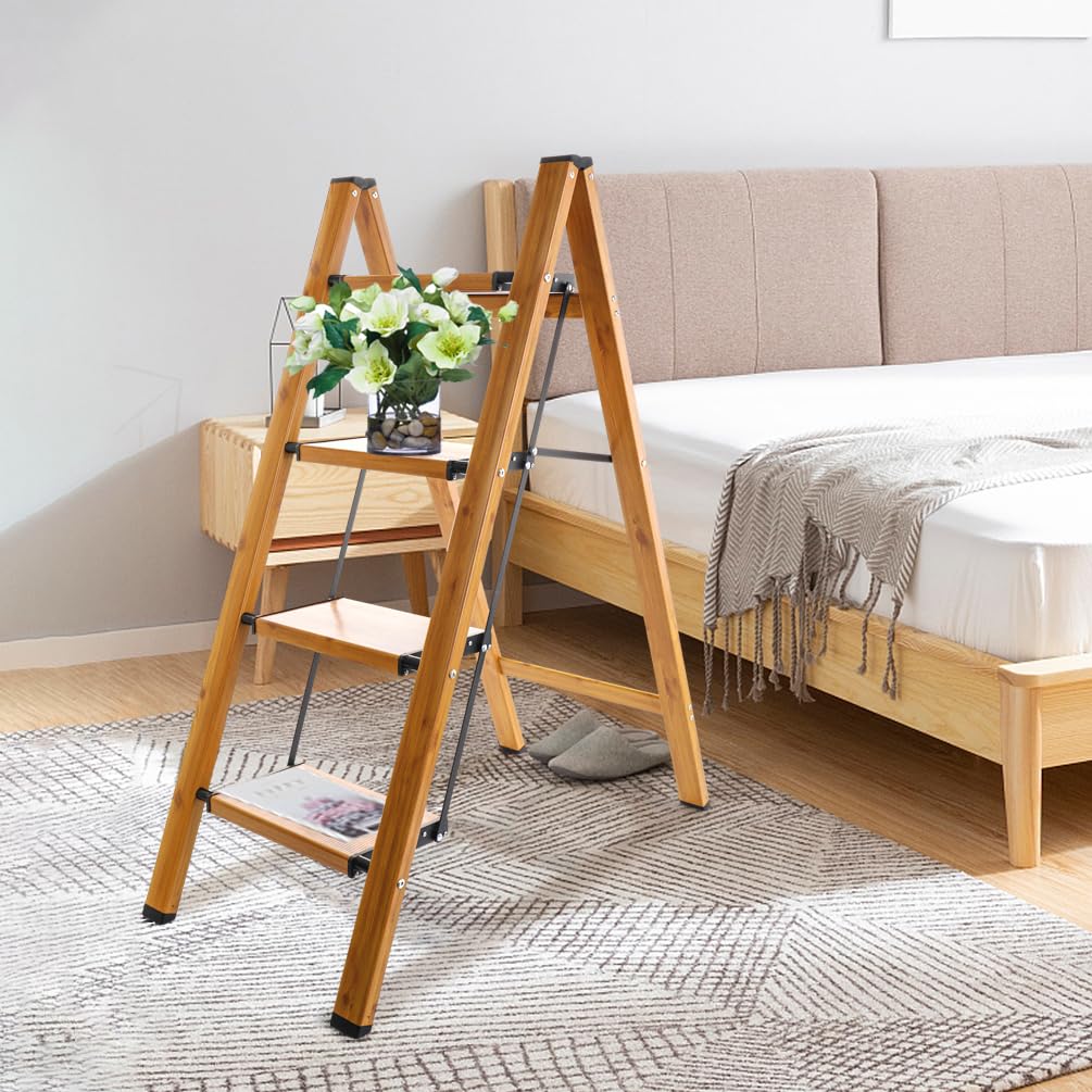BAOYOUNI Escabeau pliable à 4 marches portable en aluminium léger avec pédales larges antidérapantes Capacité de 150 kg pour la maison, la cuisine, le jardin, le bureau – Noir + couleur grain de bois